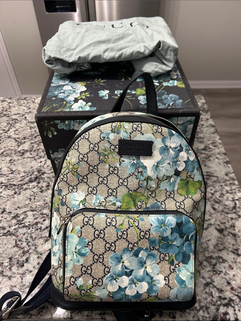 Gucci blooms Floral GG Supreme Mini Backpack in Blue and Green